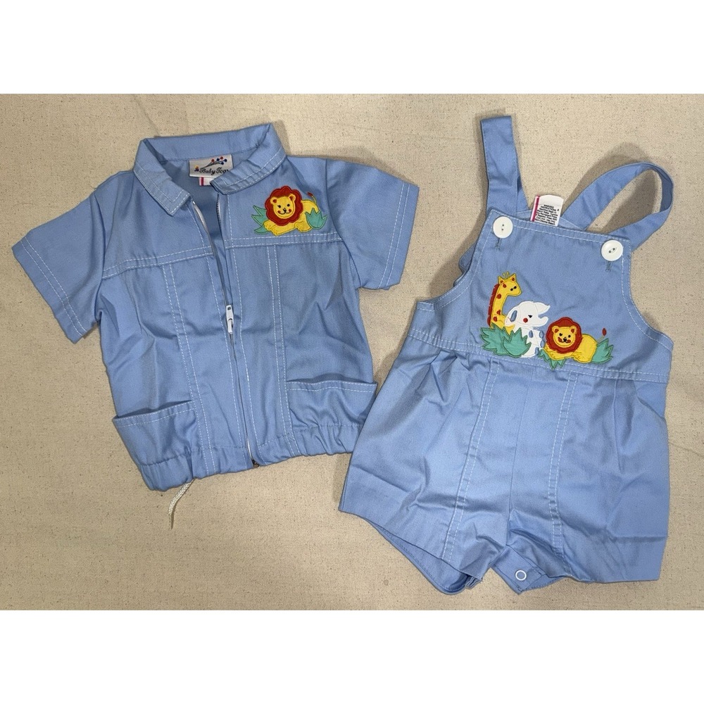 Vtg Y2K Baby Togs Overalls Shortalls Outfit w/ Shirt Lion Giraffe Elephant 24 Mo